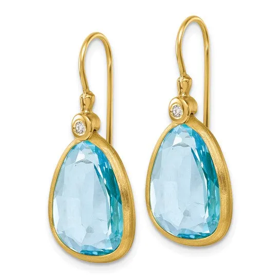 14K Gold Polished Diamond and Blue Topaz Dangle Earrings