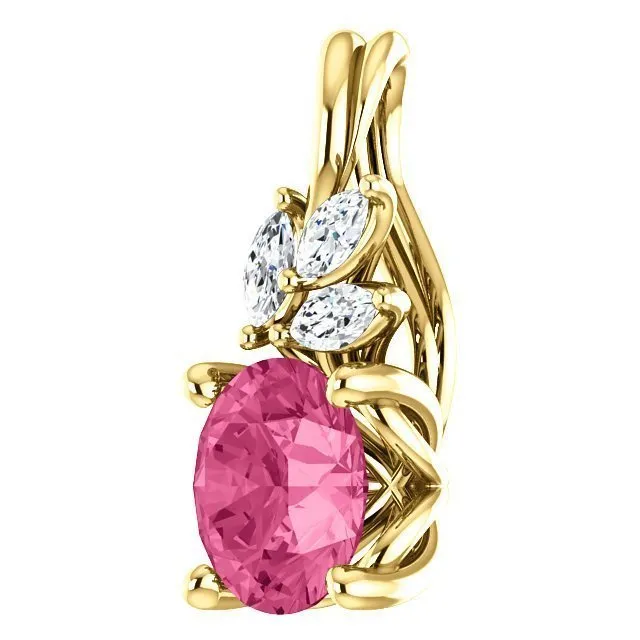 14KT GOLD 0.95 CT PINK TOURMALINE & 1/10 CTW DIAMOND FLORAL PENDANT