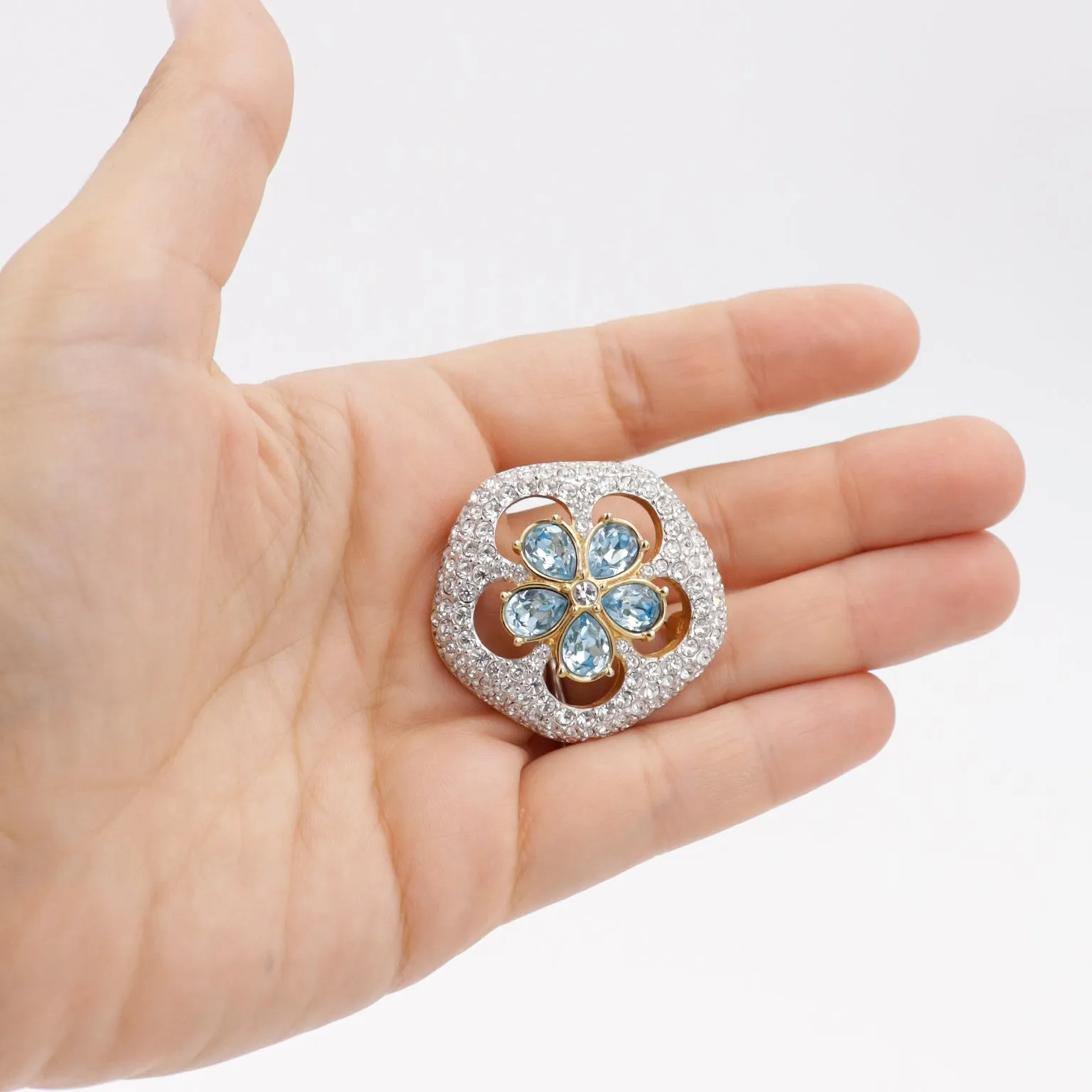 1990s Swarovski Crystal Gold Plated Brooch with Blue & Clear Crystals