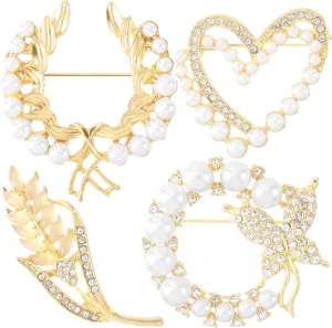 4PCS Women Rhinestone Pearl Brooches, Heart, Butterfly Brooch Jewelry, Gold Plated Alloy Crystal Pins, Elegant Brooch Pins for Shawl, Coats, Dress for Parties, Wedding, Christmas