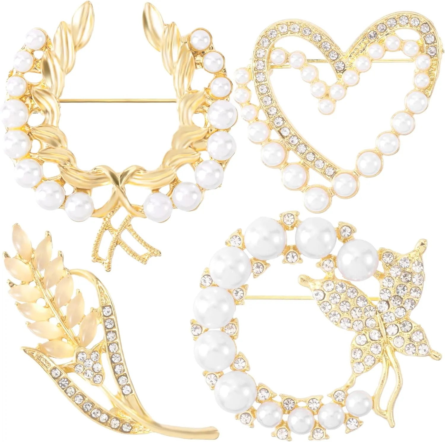 4PCS Women Rhinestone Pearl Brooches, Heart, Butterfly Brooch Jewelry, Gold Plated Alloy Crystal Pins, Elegant Brooch Pins for Shawl, Coats, Dress for Parties, Wedding, Christmas
