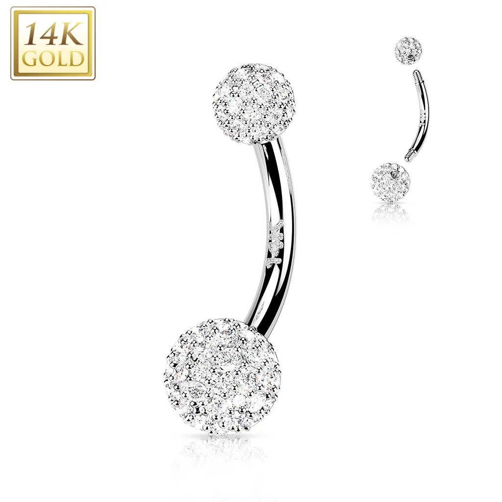 7 mm 14k White Gold Swarovski CZ Paved Ball Ferido Belly Ring