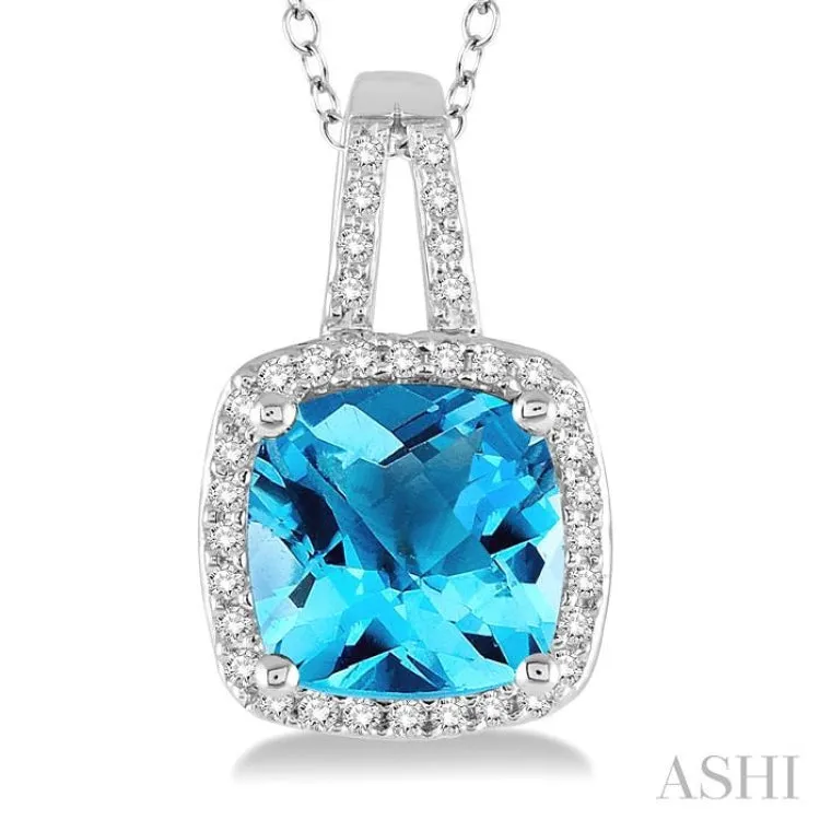 8x8 MM Cushion Cut Blue Topaz and 1/5 Ctw Round Cut Diamond Pendant in 10K White Gold with Chain