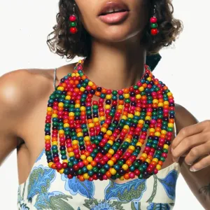 African Rainbow Color Wood Beaded Tassel Bohemian Vintage Beaded Choker   Earrings 2-Piece Jewelry Set