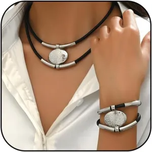 Angyape Boho Necklace Bracelet Set,Vintage Multi-layer Leather Bracelets Necklaces Beaded Silver Pendant Necklace and Bracelet Set Hip Hop Gothic Punk Chokers Bohemian Jewelry Gifts for Women