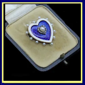 Antique Victorian heart Pendant Brooch Locket Gold Enamel Pearls Diamonds (7391)