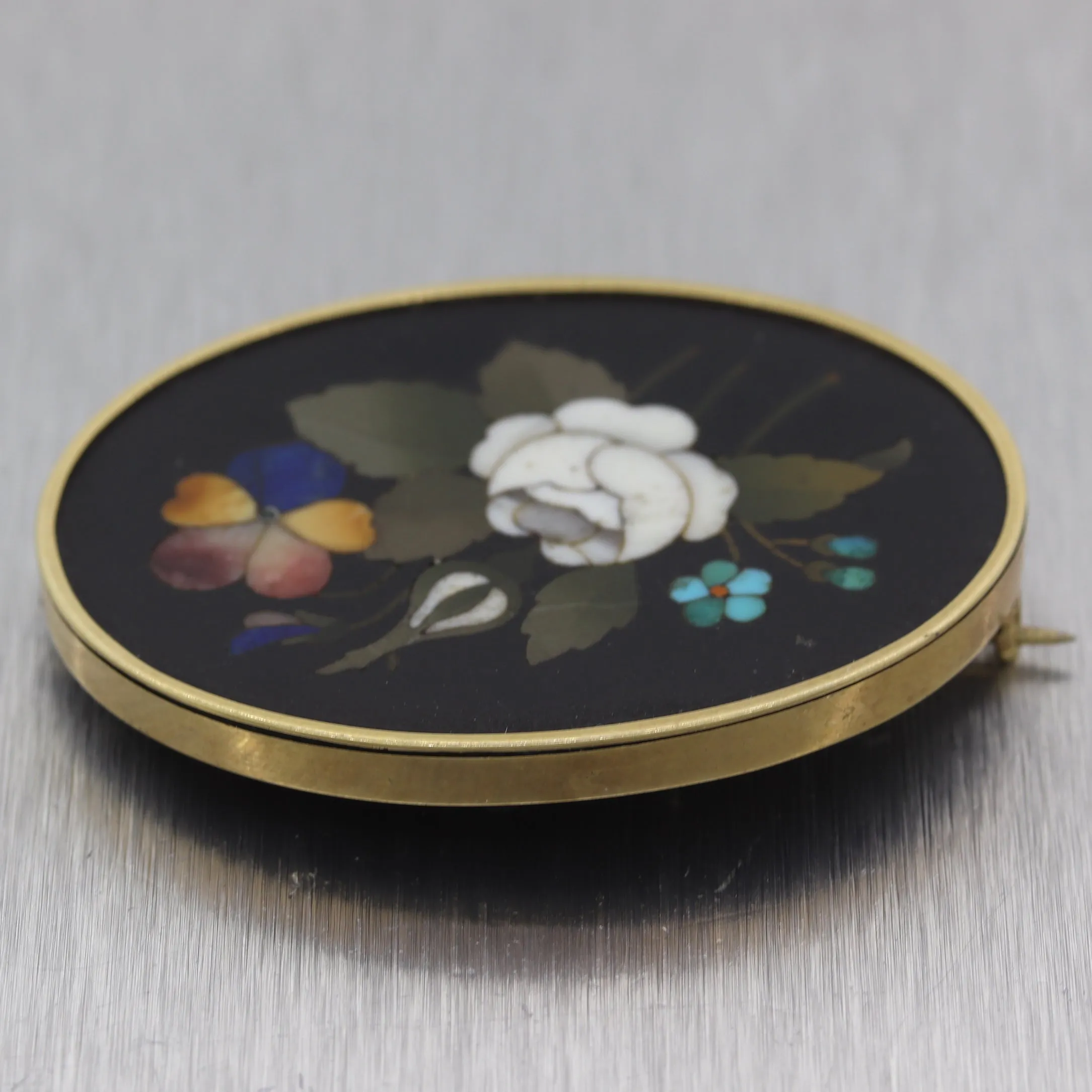 Antique Vintage Estate 14k Yellow Gold Pietra Dura Brooch Pin