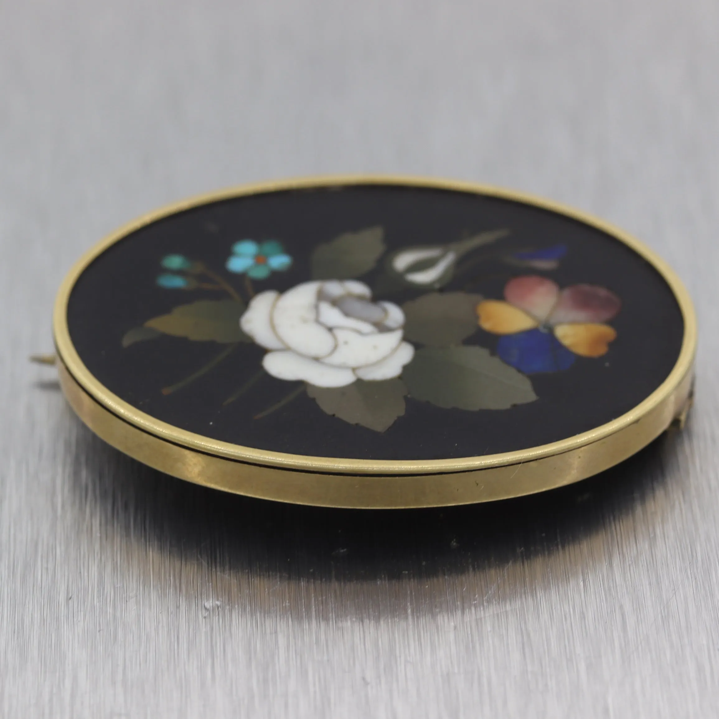 Antique Vintage Estate 14k Yellow Gold Pietra Dura Brooch Pin