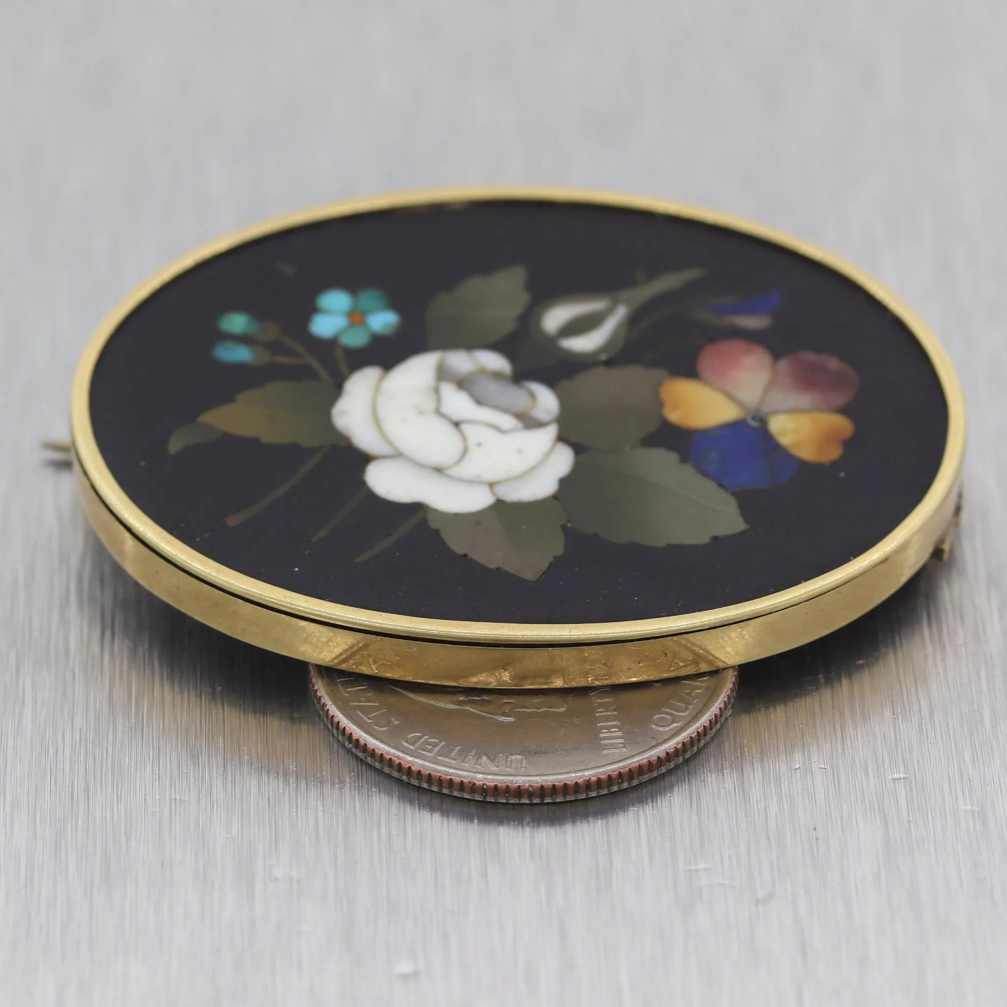 Antique Vintage Estate 14k Yellow Gold Pietra Dura Brooch Pin