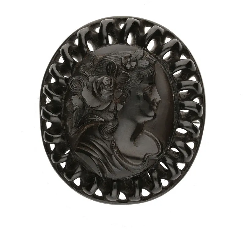 Antique Whitby Jet Carved Large Oval Spiral Edge Brooch