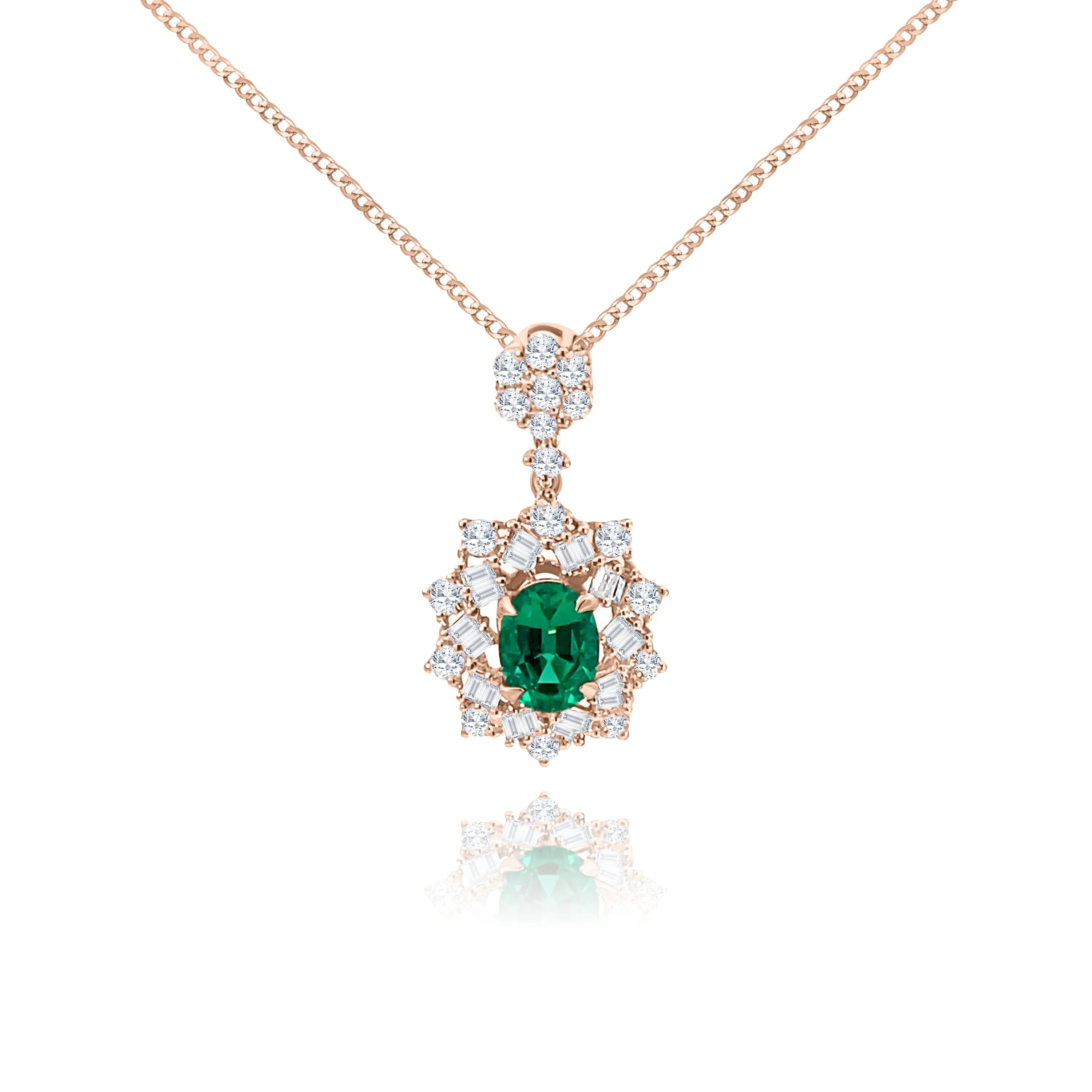Baguette cut & Brillia cut Diamonds with Oval cut Emerald "Emily" Pendant