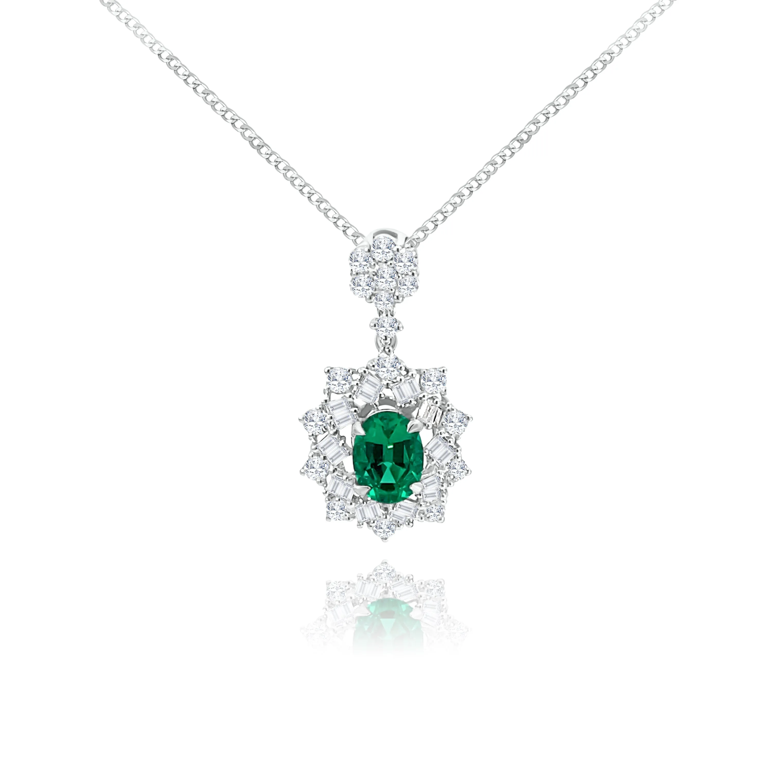 Baguette cut & Brillia cut Diamonds with Oval cut Emerald "Emily" Pendant