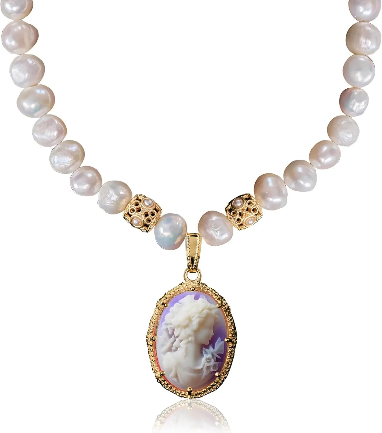 Cameo Silhouette Pendant Necklace Vintage for Womens 9-10mm Natural Baroque Pearl Strand 16"   2.5" Extender