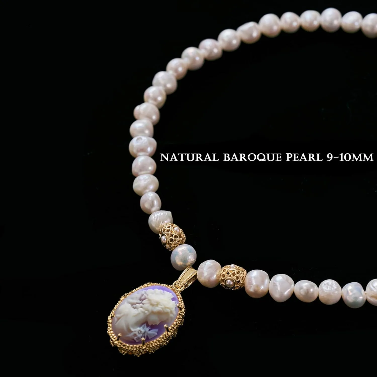 Cameo Silhouette Pendant Necklace Vintage for Womens 9-10mm Natural Baroque Pearl Strand 16"   2.5" Extender