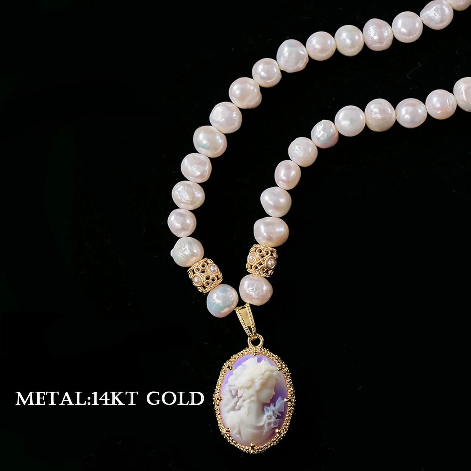 Cameo Silhouette Pendant Necklace Vintage for Womens 9-10mm Natural Baroque Pearl Strand 16"   2.5" Extender