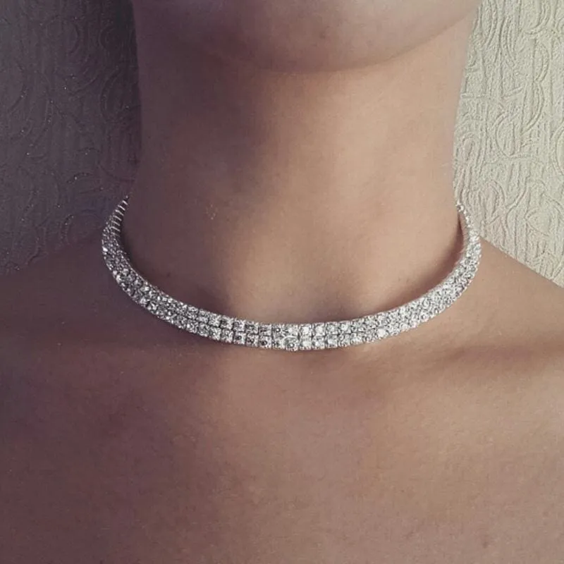 Charming 2 Row Rhinestone Silver Wedding Necklaces | Bridelily