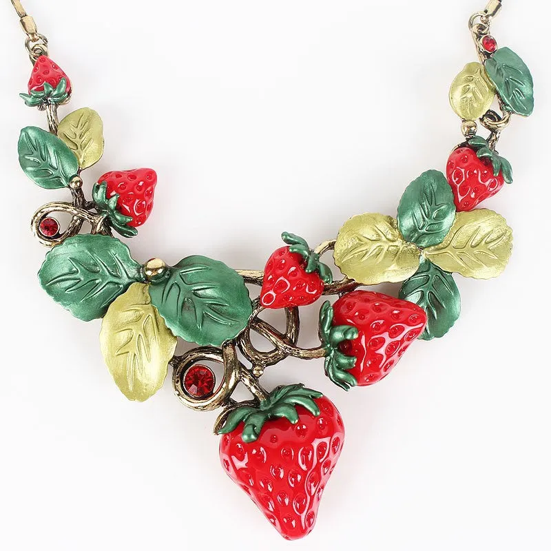 Classic Strawberry Jewelry Sets High Quality Antique Gold Plated Red Sweet Fruit Necklace Set Party Gifts