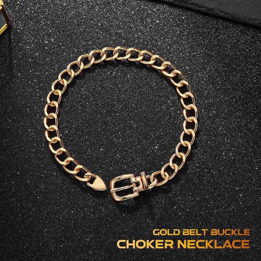 CLOACE Gold Belt Buckle Choker Necklace Punk Cuban Chunky Choker Necklaces Vintage Thick Chain Short Necklace for Women