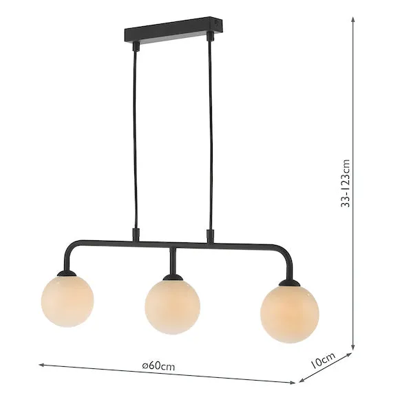 Dar Feya 3 Light Bar Pendant Matt Black Opal Glass
