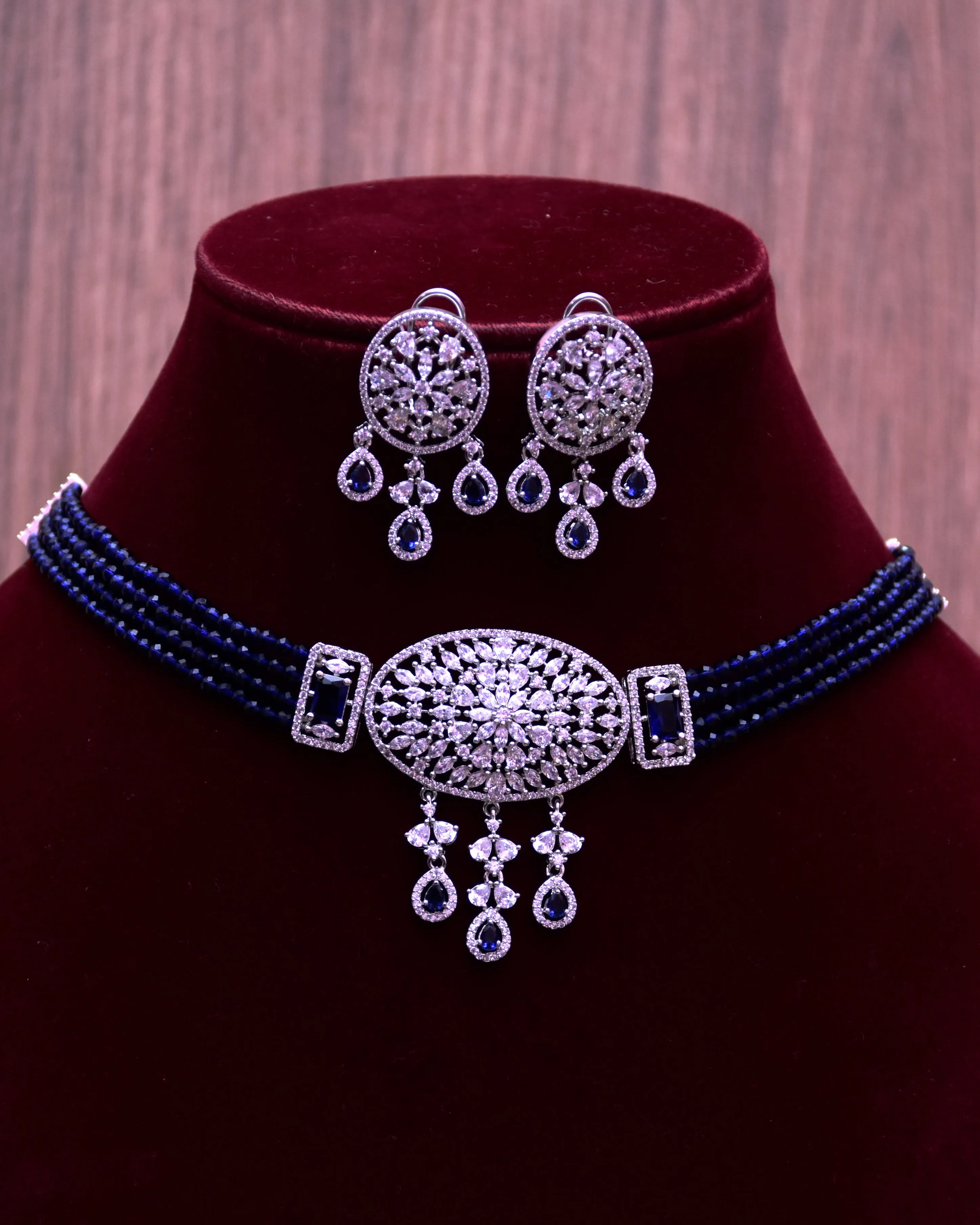 Designer Semi-Precious American Diamond Blue Color Choker Style Necklace with Earrings (D694)