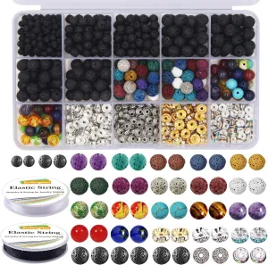 EuTengHao 602Pcs Lava Beads Stone Kits with 8mm Chakra Beads and Spacers Beads Bracelet Elastic String for Diffuse Essential Oils Adult DIY Jewelry Making Supplies