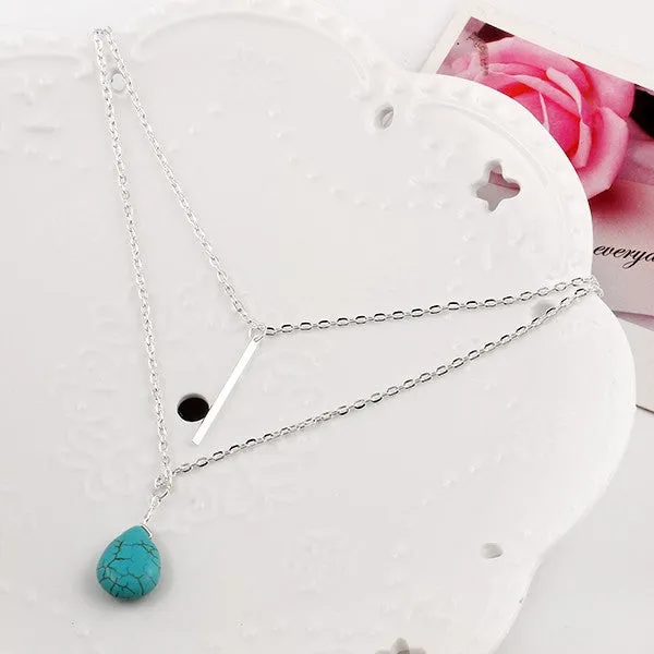 Fashion Bohemia Turquoise Double Chain Heart Pendant Necklace Punk Classic Summer Body Chain Necklaces Jewellery Women