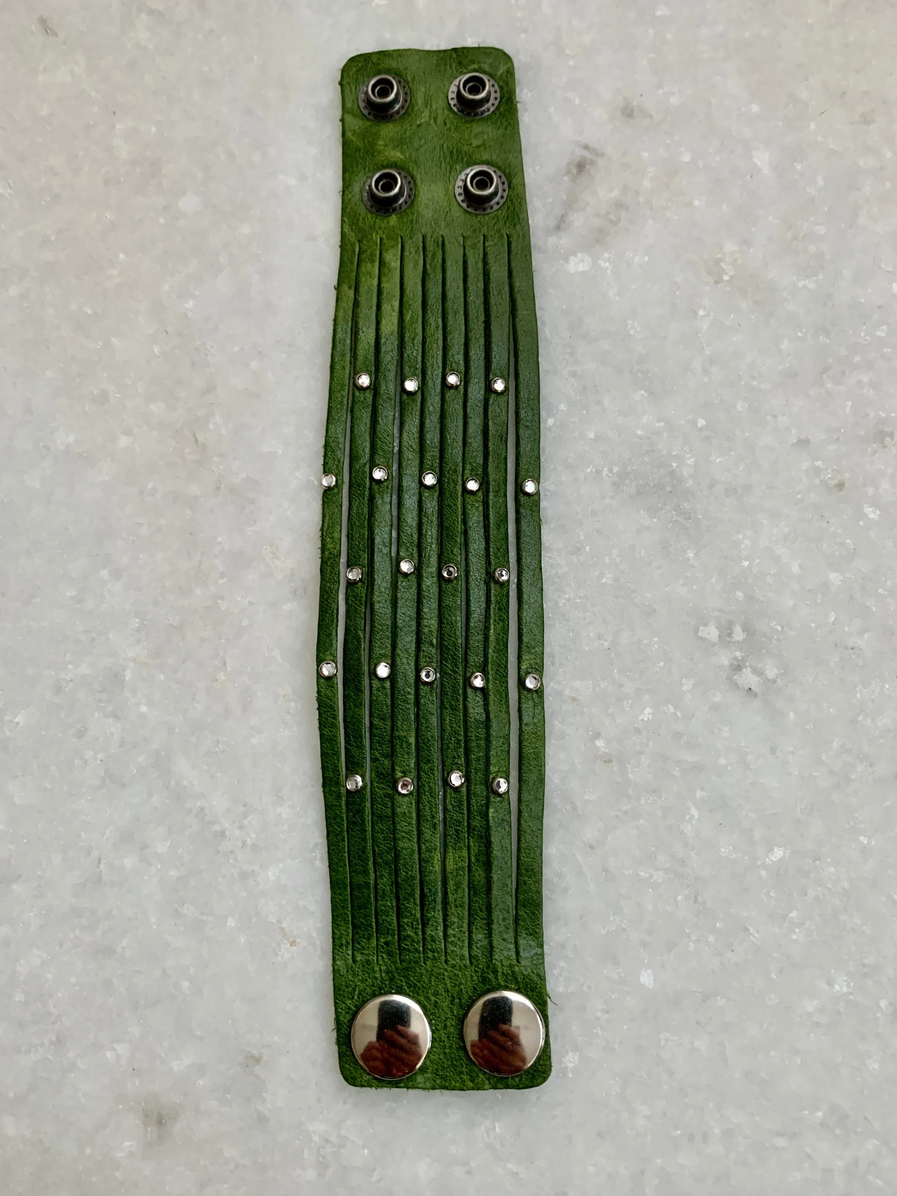Green Leather Bracelet w/Cz Studs