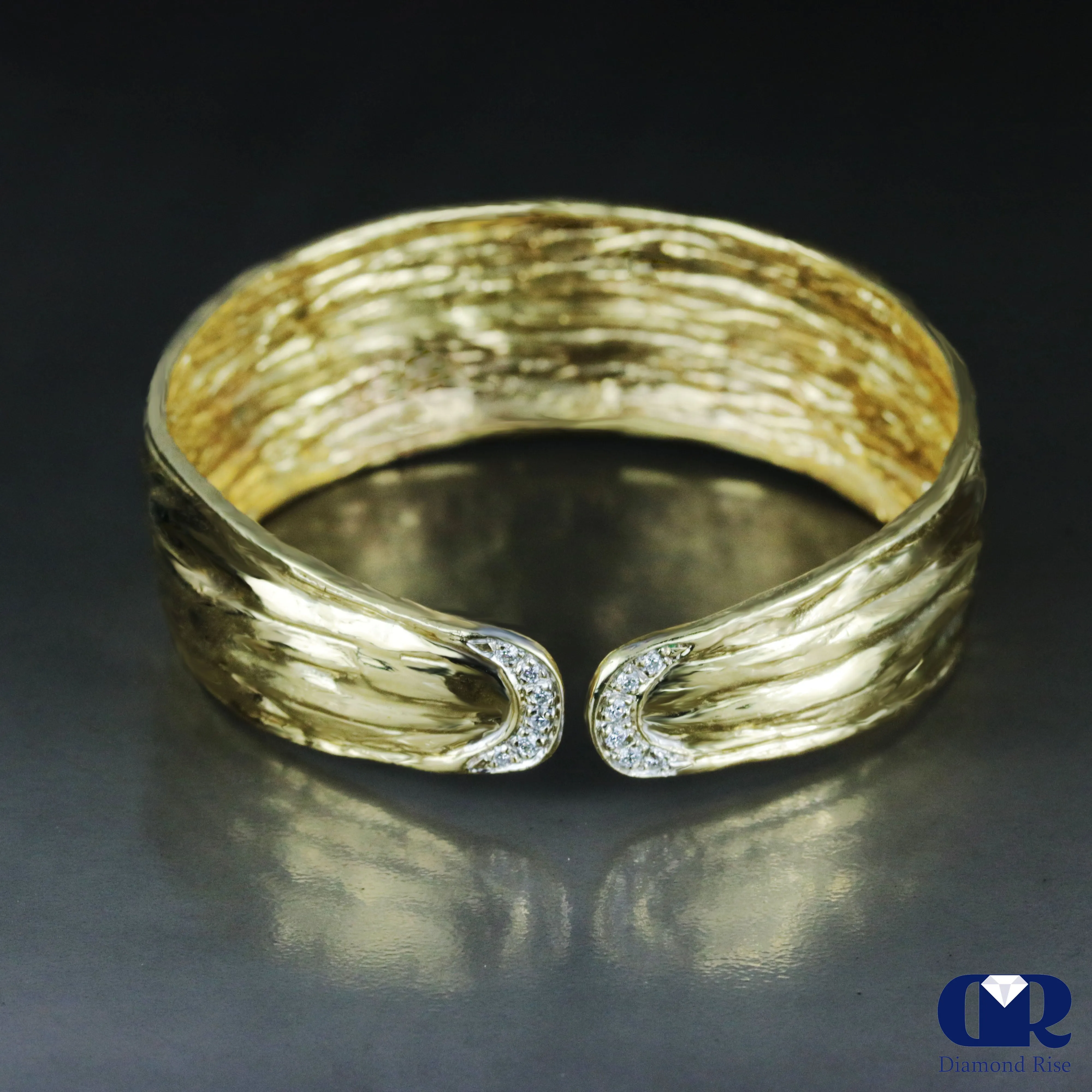 Handmade Diamond 10K Gold Open Bangle Bracelet
