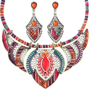 Junkin 2 Pieces African Jewelry Sets for Women Colorful Necklace Earring Set Costume Jewelry Boho Vintage Statement Choker Ethnic Style Bohemian Chunky Collar African Beaded Necklaces Dangle Earrings