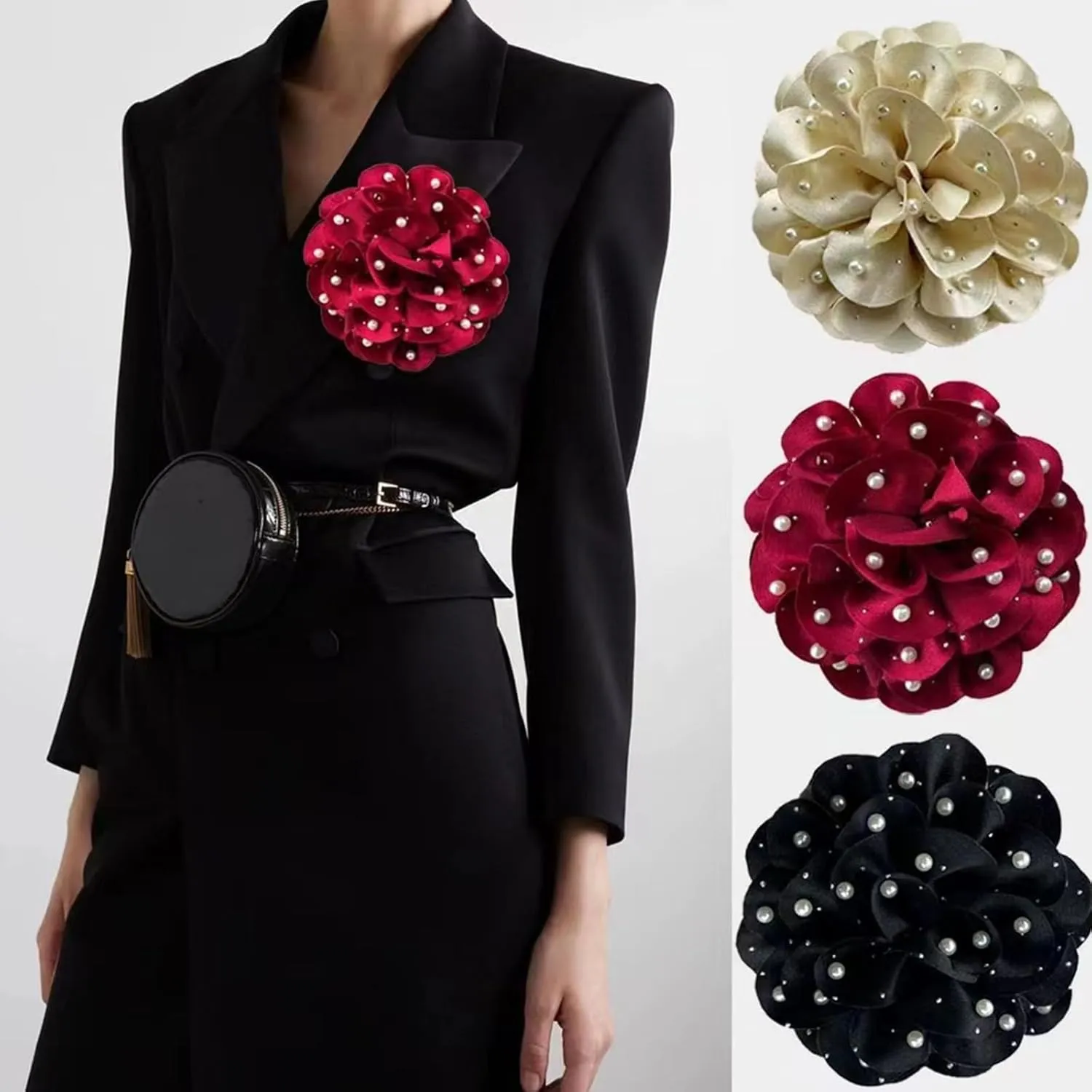 Large Rose Flower Brooches Lapel Pins,Dainty Satin Fabric Pearl Brooches Lapel Pins Elegant Silk Camellia Flower Oversized Brooch Pin for Women Wedding Part Dance Banquet Dress Suit Accessories Jewelry