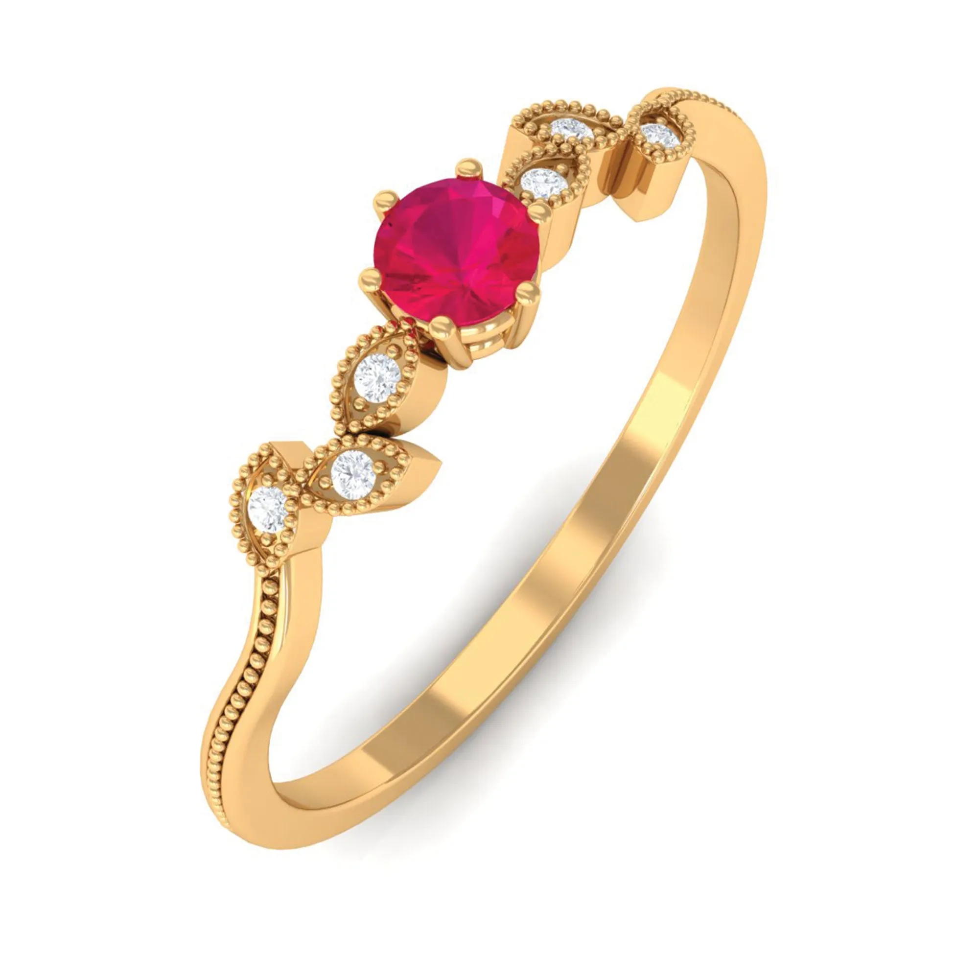 Leaf Inspired Ruby Solitaire Promise Ring with Diamond