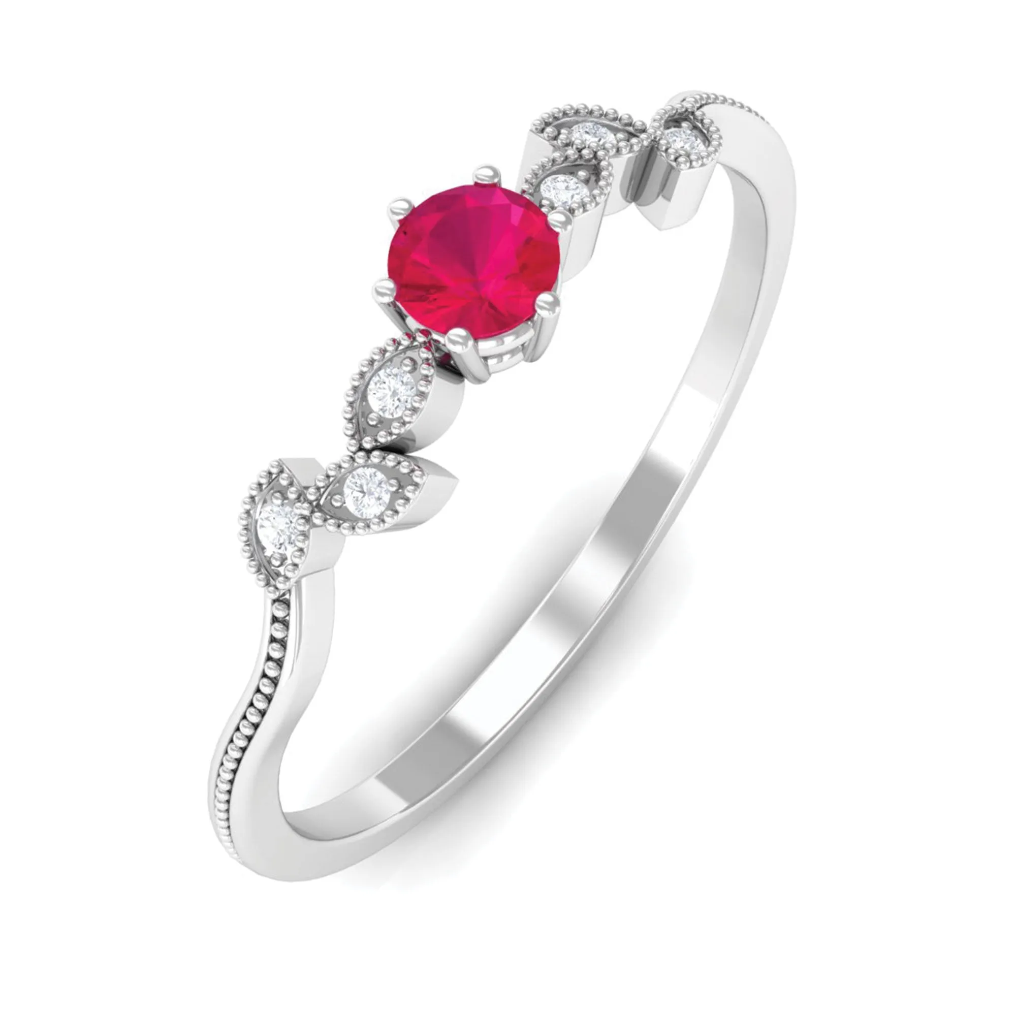 Leaf Inspired Ruby Solitaire Promise Ring with Diamond