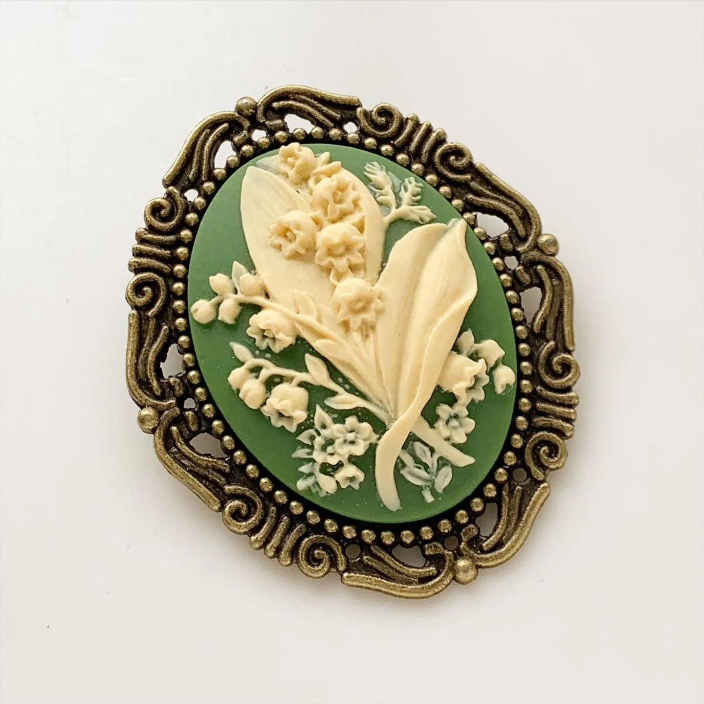 Lily of the Valley Cameo Brooch in Green and Bronze