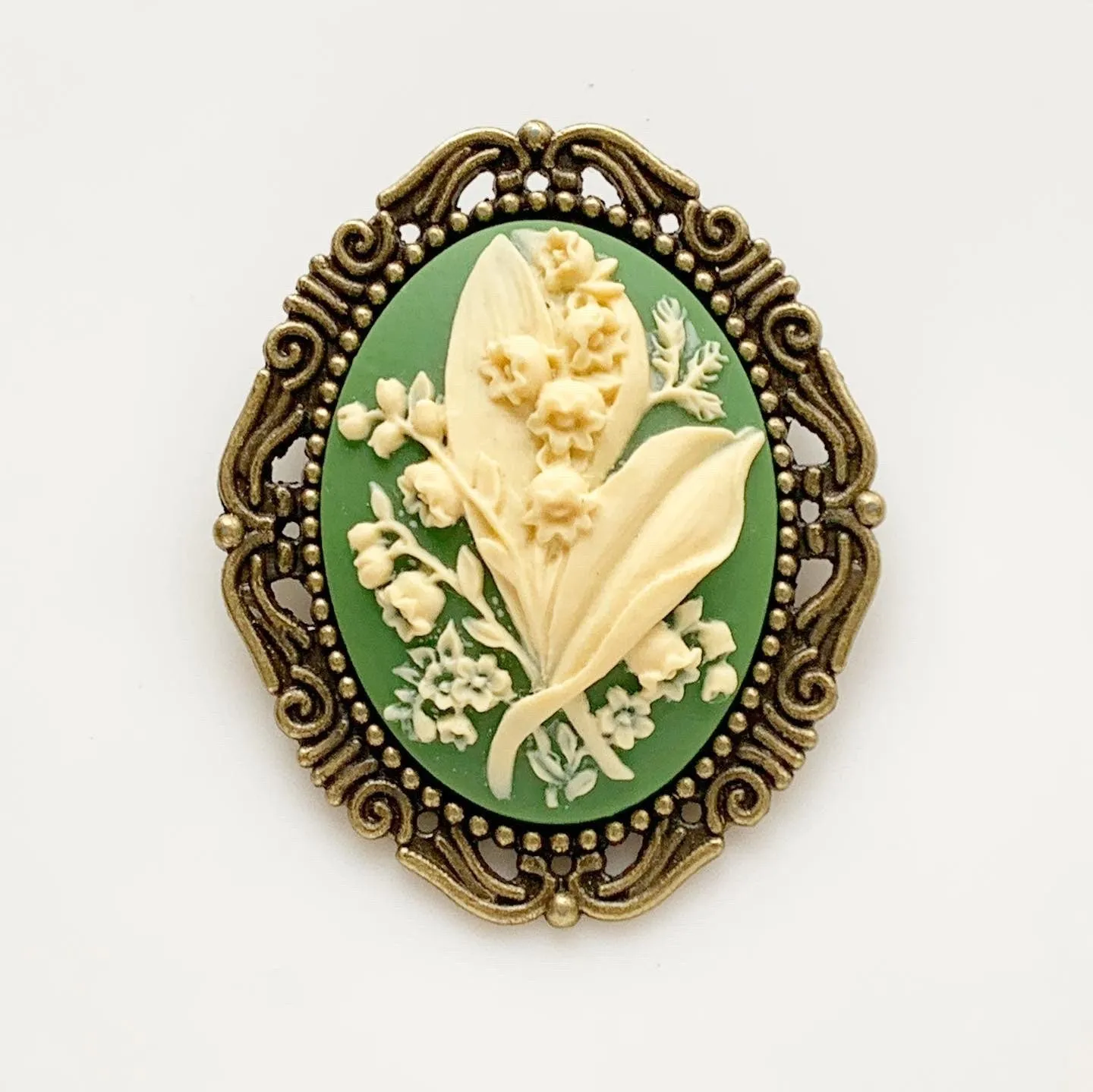 Lily of the Valley Cameo Brooch in Green and Bronze