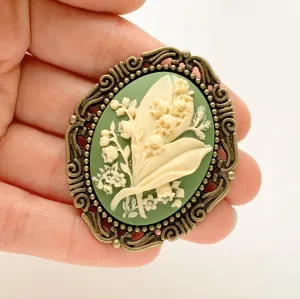 Lily of the Valley Cameo Brooch in Green and Bronze