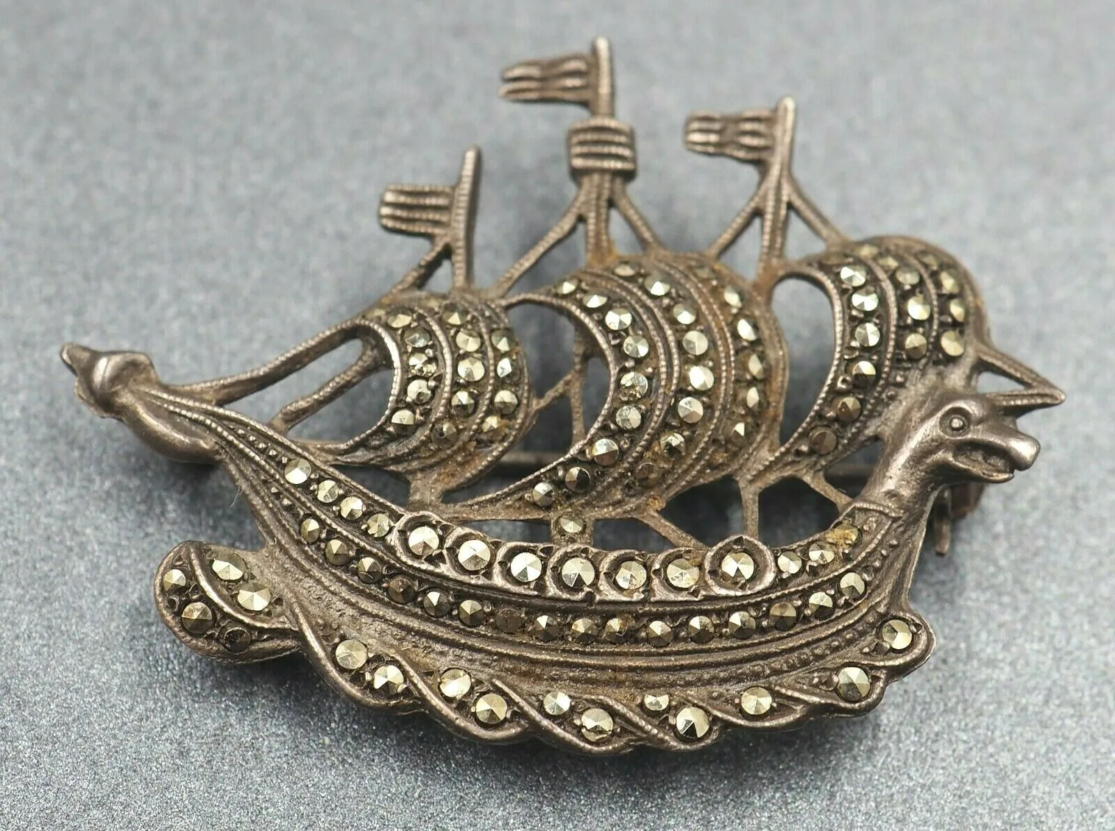 Marcasite Sailing Ship/Boat Sterling Silver Brooch