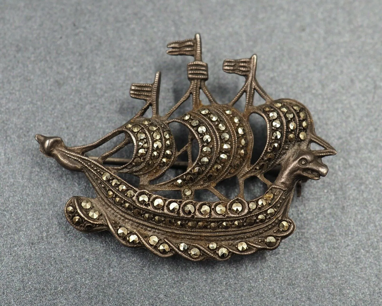 Marcasite Sailing Ship/Boat Sterling Silver Brooch