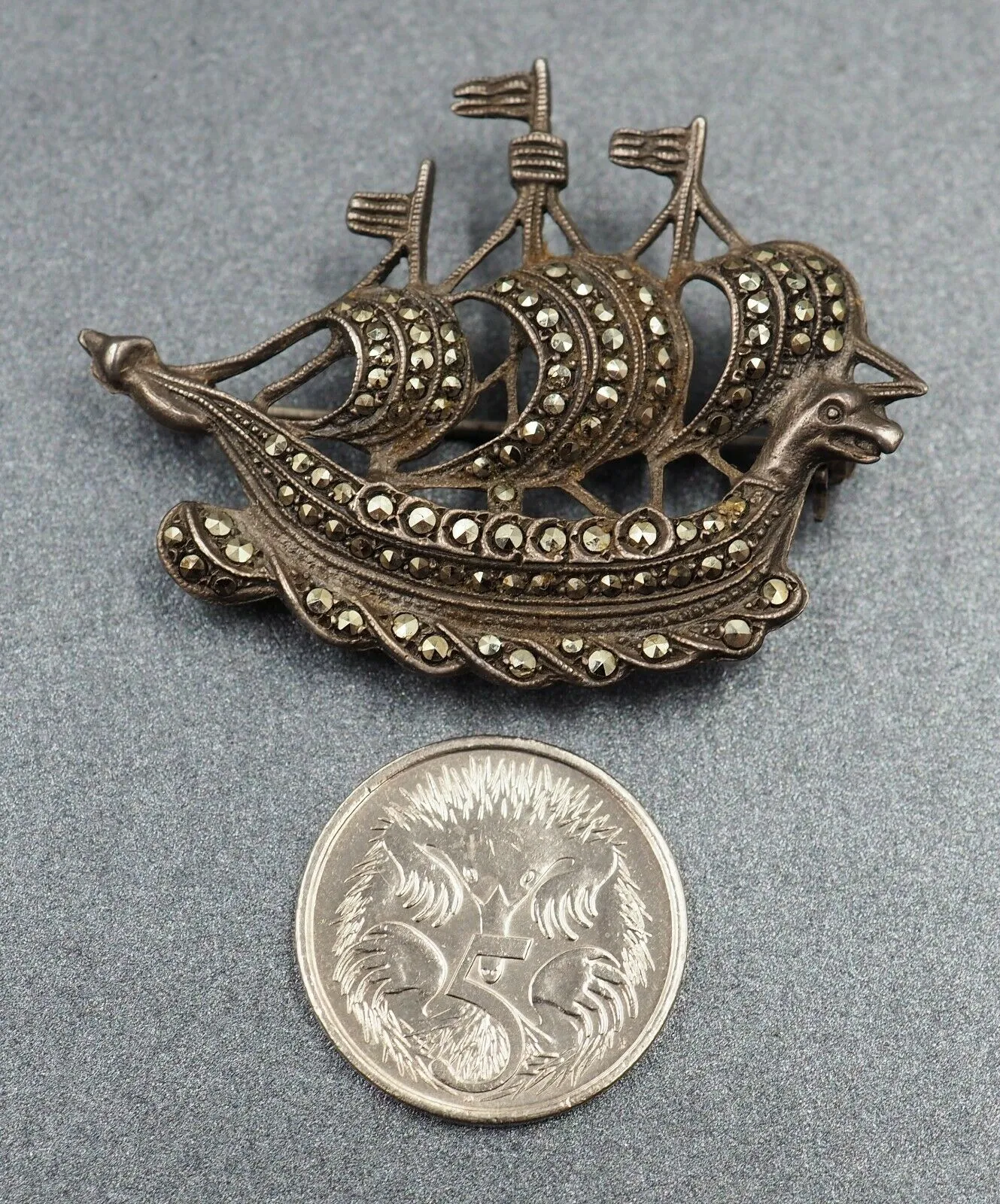 Marcasite Sailing Ship/Boat Sterling Silver Brooch