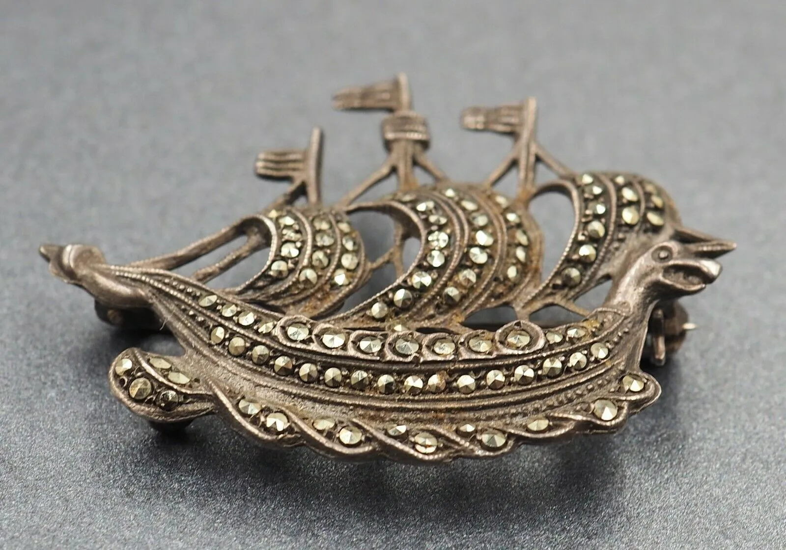 Marcasite Sailing Ship/Boat Sterling Silver Brooch