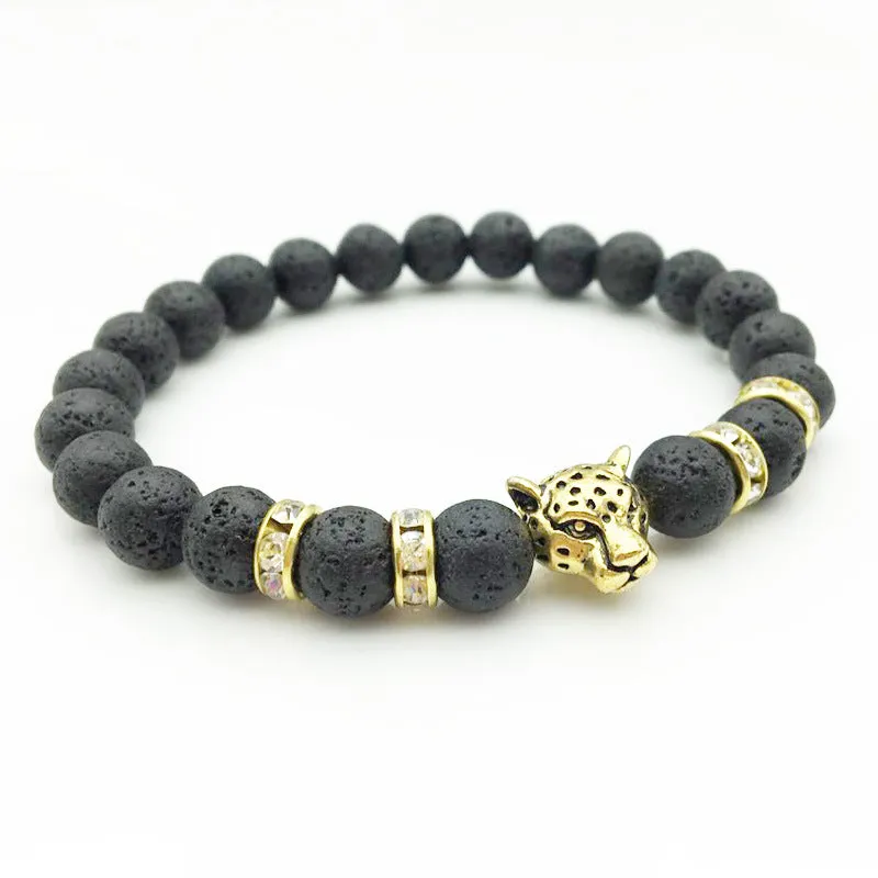 Natural Stone Lava Bead Handmade Bracelet with Leopard Head Pendant