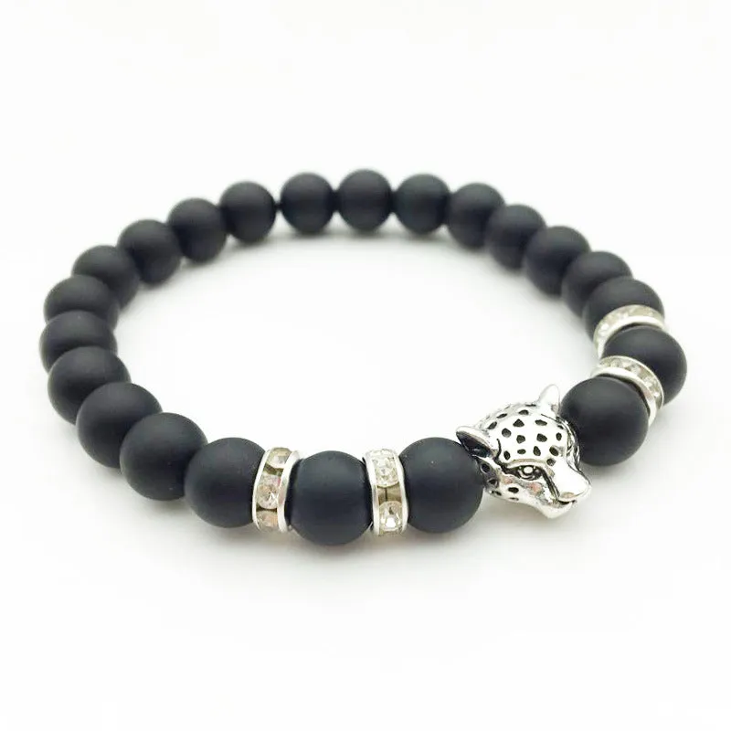 Natural Stone Lava Bead Handmade Bracelet with Leopard Head Pendant