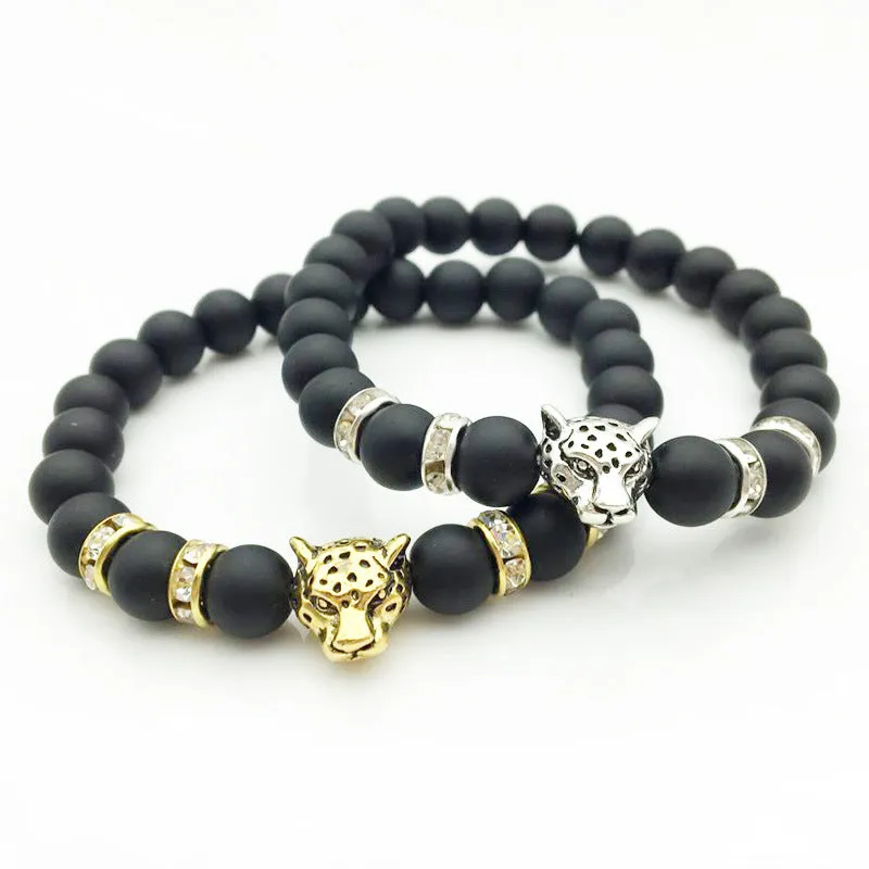 Natural Stone Lava Bead Handmade Bracelet with Leopard Head Pendant