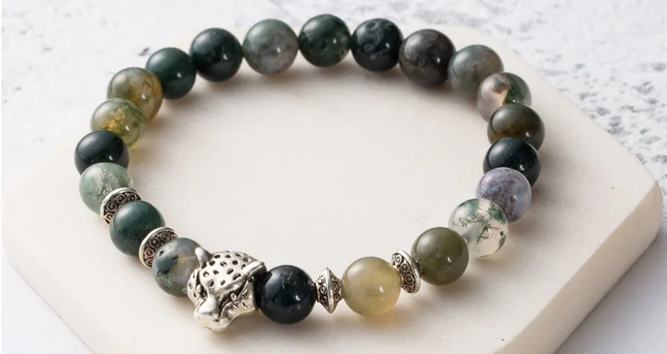 Natural Stone Lava Bead Handmade Bracelet with Leopard Head Pendant