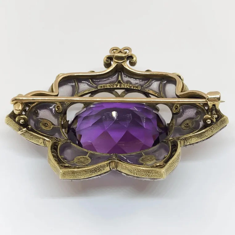 Plique-à-Jour Marcus & Co Art Nouveau Amethyst and Pearl Brooch