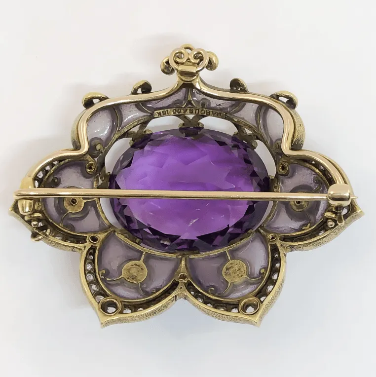 Plique-à-Jour Marcus & Co Art Nouveau Amethyst and Pearl Brooch