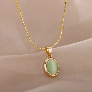Stainless Steel Round Opal Necklace For Women Girls Natural Stone Pendant Gold Color Choker Necklaces Vintage Jewelry Collier