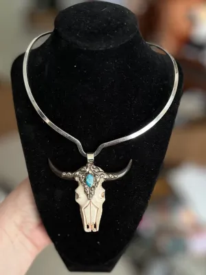 Tibetan Silver and Carved Wood and Bone Bullhead with Turquoise Gem Pendant