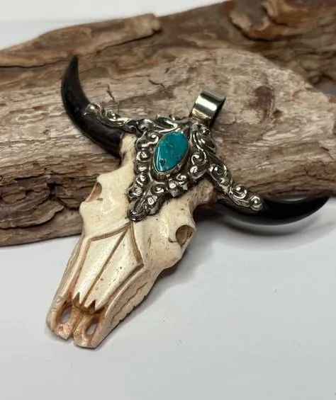 Tibetan Silver and Carved Wood and Bone Bullhead with Turquoise Gem Pendant