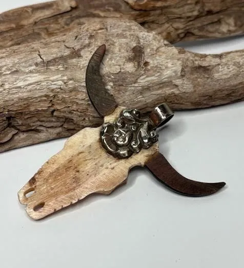 Tibetan Silver and Carved Wood and Bone Bullhead with Turquoise Gem Pendant