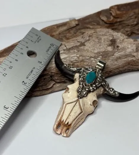 Tibetan Silver and Carved Wood and Bone Bullhead with Turquoise Gem Pendant